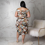 Leaves Print Off Shoulder Crop Top High Split Skirt Set ASL-7081