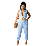 Turn-down Collar Sleeveless Zipper Casual Jumpsuit DY-69511