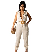 Turn-down Collar Sleeveless Zipper Casual Jumpsuit DY-69511