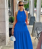 Halter Neck Lace Up Open Back Sleeveless Maxi Dress AIL-214