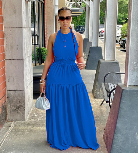 Halter Neck Lace Up Open Back Sleeveless Maxi Dress AIL-214
