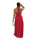 Halter Neck Lace Up Open Back Sleeveless Maxi Dress AIL-214
