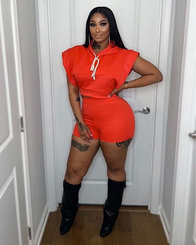 Hooded Sleeveless Crop Top and Shorts Two Piece Set OY-6357