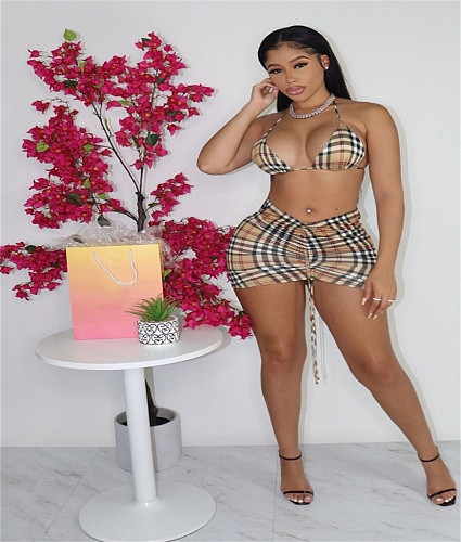 Plaid Print Push Up Halter Bra Ruched Skirt Set BGN-251