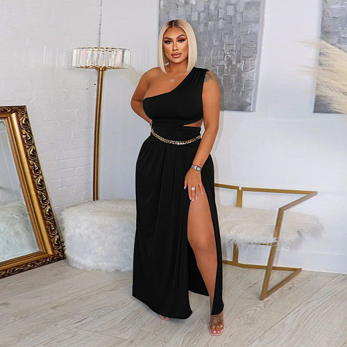 Skew Neck Crop Top High Side Split Maxi Skirt Suit YF-10165