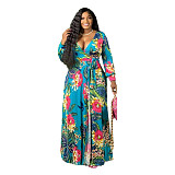 Vintage Floral Print Long Sleeve Plus Size Dresses NK-8617