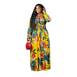 Vintage Floral Print Long Sleeve Plus Size Dresses NK-8617