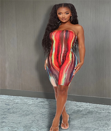 Summer Hot Sales Multicolor Striped Print Chest Wrapped Middle Waist Straight Strapless Slim Tube Rompers YB-6076