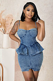 Ruffles Sexy Backless Bodycon Short Denim Dress LX-6933