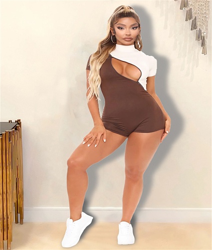 Summer Hot Style Short Sleeve O-Neck Color Patchwork Zipper MId Waist Bodycon Women Rompers YB-6080