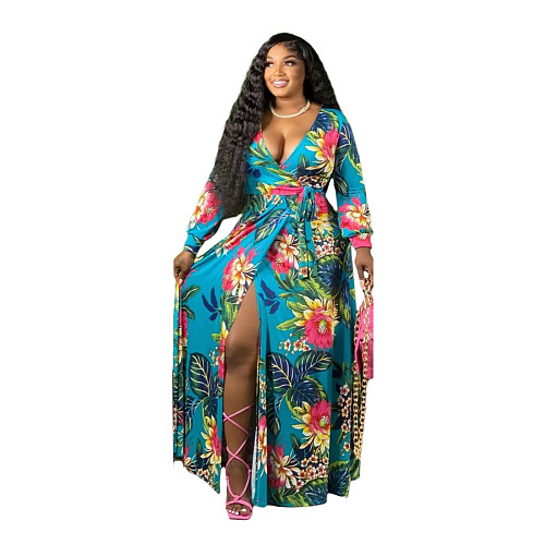 Vintage Floral Print Long Sleeve Plus Size Dresses NK-8617