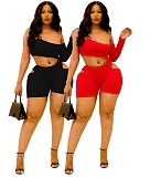 Casual Solid Color Women One Shoulder Long Sleeve Hollow Out Summer Bodycon Partywear Rompers YB-6078