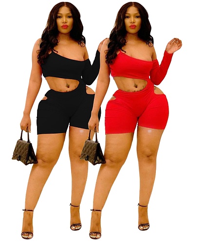 Casual Solid Color Women One Shoulder Long Sleeve Hollow Out Summer Bodycon Partywear Rompers YB-6078