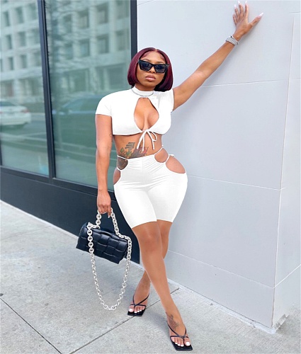 Hot Style Solid Color Short Sleeve O-Neck Hollow Out Lace-Up Crop Top Bodycon Shorts Two Piece Set YB-6050