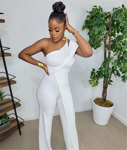 Elegant One Shoulder High Waist Straight Jumpsuit WY-6888