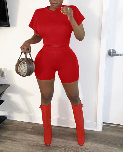 Simple T Shirt Crop Top Biker Shorts Two Piece Set HEJ-21S805