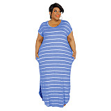Plus Size Striped Short Sleeve Casual Dresses OSS-22301