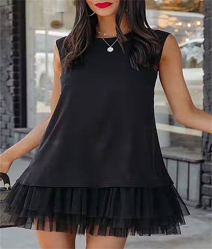 Patchwork Mesh Hem Loose Tank Casual Dresses MK-3093