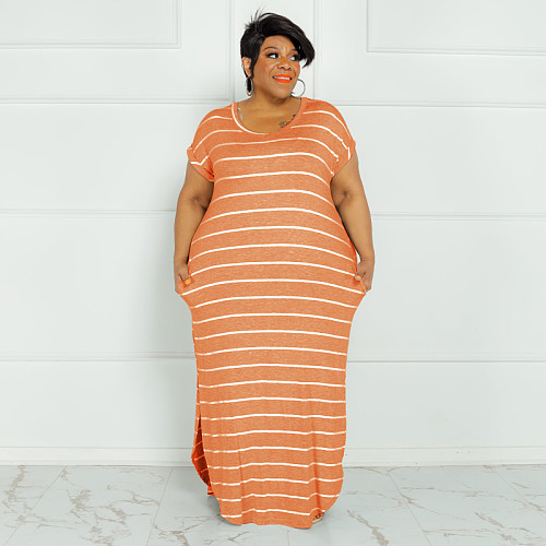Plus Size Striped Short Sleeve Casual Dresses OSS-22301