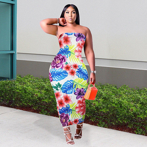 Floral Print Strapless Bodycon Plus Size Dresses JLY-19362