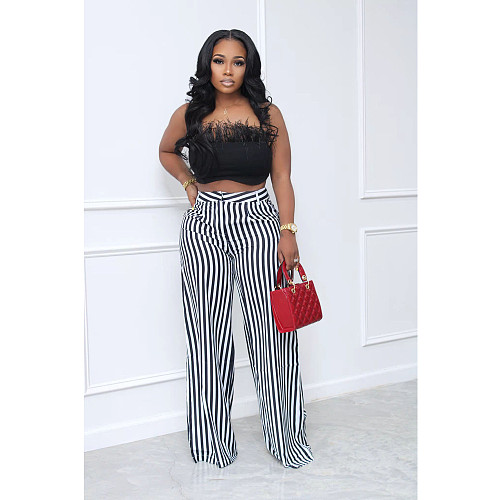 High Waist Loose Stripe Wide Leg Pants BN-9330