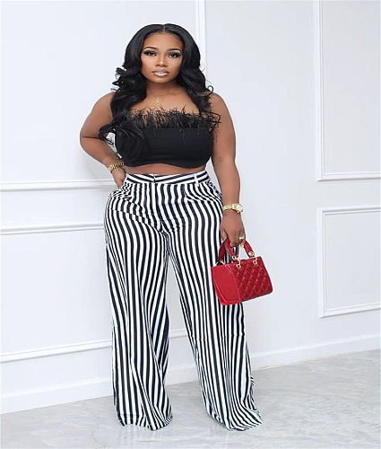 High Waist Loose Stripe Wide Leg Pants BN-9330
