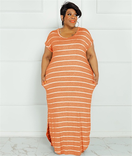 Plus Size Striped Short Sleeve Casual Dresses OSS-22301