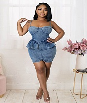Ruffles Sexy Backless Bodycon Short Denim Dress LX-6933