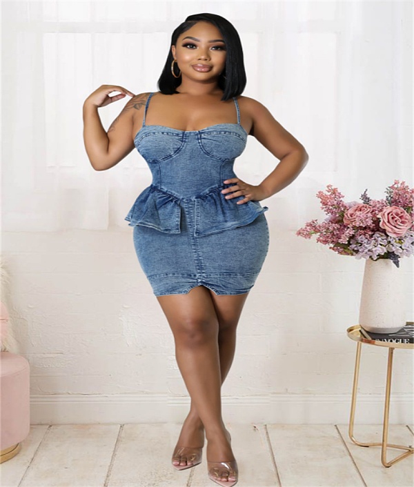 Ruffles Sexy Backless Bodycon Short Denim Dress LX-6933