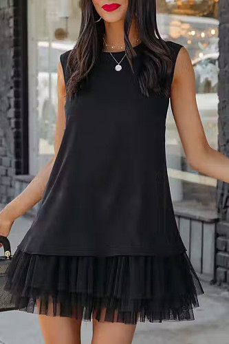 Patchwork Mesh Hem Loose Tank Casual Dresses MK-3093