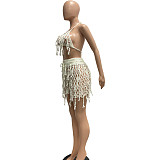 Knitted Crochet Halter Tassel Bra Cover Up Shorts Set NIYA-8117