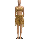 Knitted Crochet Halter Tassel Bra Cover Up Shorts Set NIYA-8117