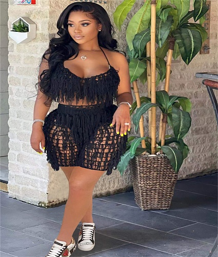 Knitted Crochet Halter Tassel Bra Cover Up Shorts Set NIYA-8117