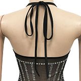 Diamonds Hot Drill Halter Neck Mesh Party Dresses BY-5653