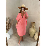 Solid Loose Short Sleeve Vacation Casual Dress ASL-6573