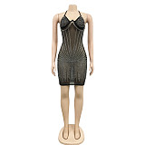 Diamonds Hot Drill Halter Neck Mesh Party Dresses BY-5653
