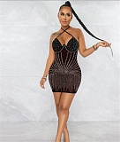 Diamonds Hot Drill Halter Neck Mesh Party Dresses BY-5653