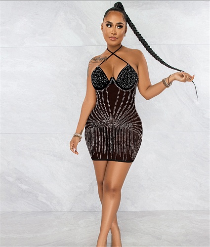 Diamonds Hot Drill Halter Neck Mesh Party Dresses BY-5653
