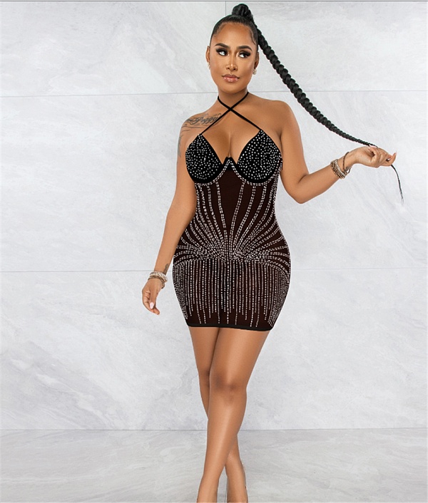 Diamonds Hot Drill Halter Neck Mesh Party Dresses BY-5653