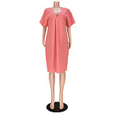 Solid Loose Short Sleeve Vacation Casual Dress ASL-6573