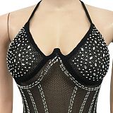 Diamonds Hot Drill Halter Neck Mesh Party Dresses BY-5653