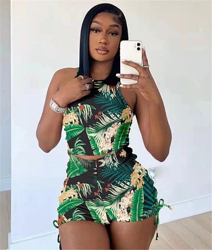 Tank Crop Top Ruched Biker Shorts Matching Suits HEJ-22S8154
