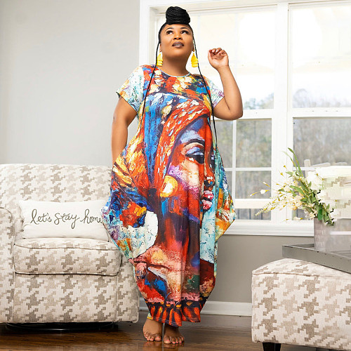 5XL Loose Short Sleeve Printed Plus Size Dresses XMY-9366