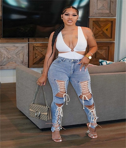 High Waist Cut Out Lace Up Jeans Pencil Pants LA-3315
