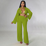 Bra Long Sleeve Shirt Wide Leg Pants 3 Pieces Sets YF-10175