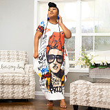 5XL Loose Short Sleeve Printed Plus Size Dresses XMY-9366
