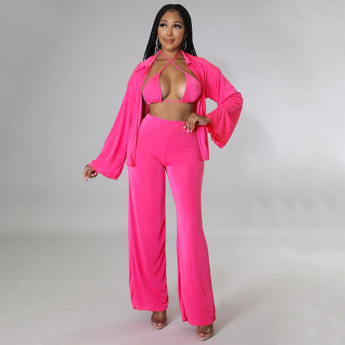 Bra Long Sleeve Shirt Wide Leg Pants 3 Pieces Sets YF-10175