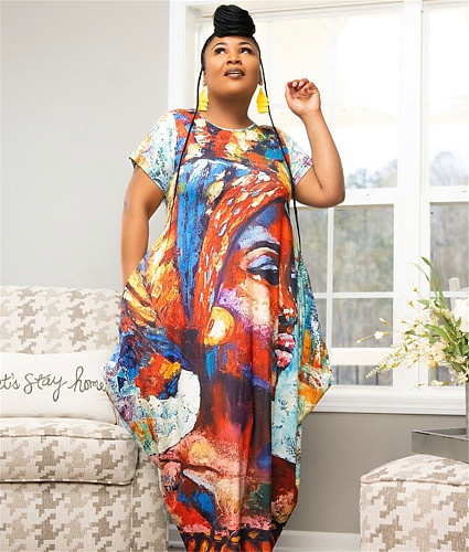 5XL Loose Short Sleeve Printed Plus Size Dresses XMY-9366
