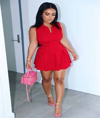 Sleeveless Pullover Polo Tops Pleated Skirt Suits AIL-213