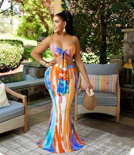 Tie Dye Spaghetti Strap Crop Top And Maxi Skirts Set ANDI-1377